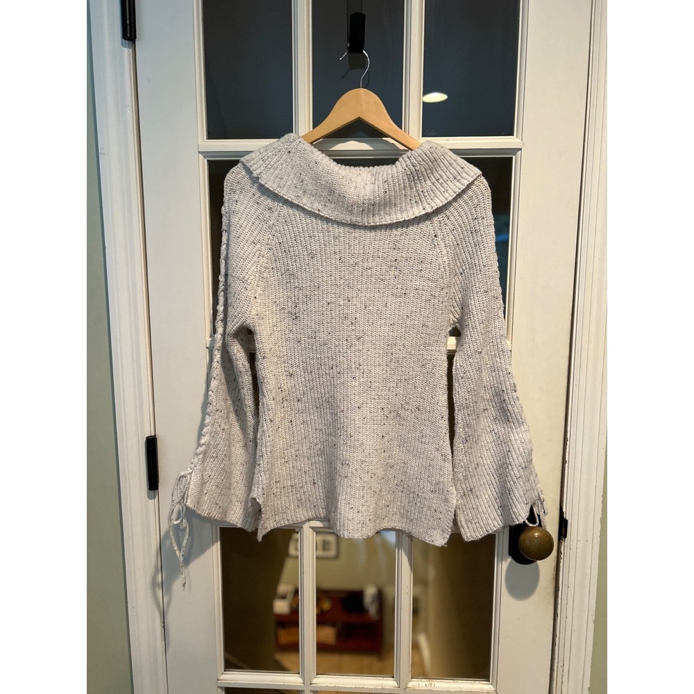 American Rag Cie Cowl Neck Sweater L Gray Speckled Lace Up Bell Sleeve Knit